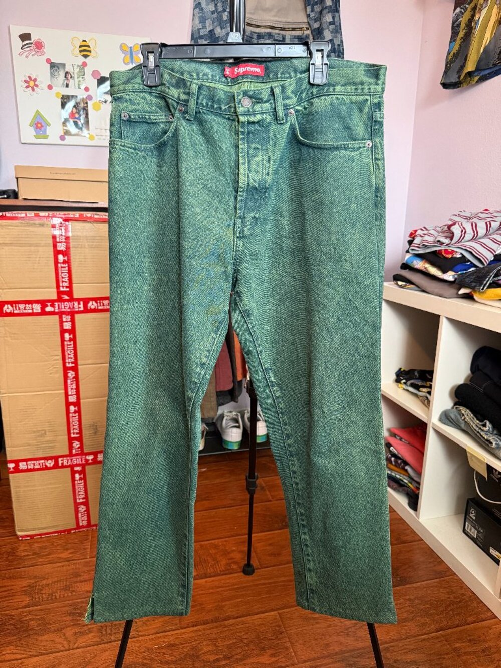 Supreme Star Pocket Denim Jeans Green Acid Wash Size 42